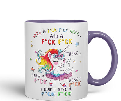 with a f.ck here and… There. I Don't Give a f.ck Unicorn Joke sarkasm Sarcastic Ceramic Coloured Mug Cup for Tea Coffee Hot Brew 330ml 11Oz Gift