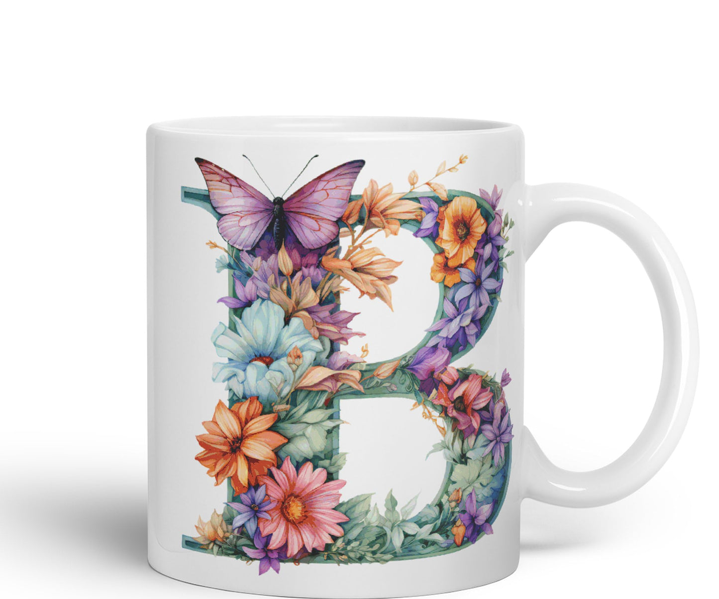 Letter B mug, Floral flowers butterfly Alphabet Letter B Monogram watercolour Ceramic Coloured Mug Cup for Tea Coffee Hot brew 330ml 11Oz Gift