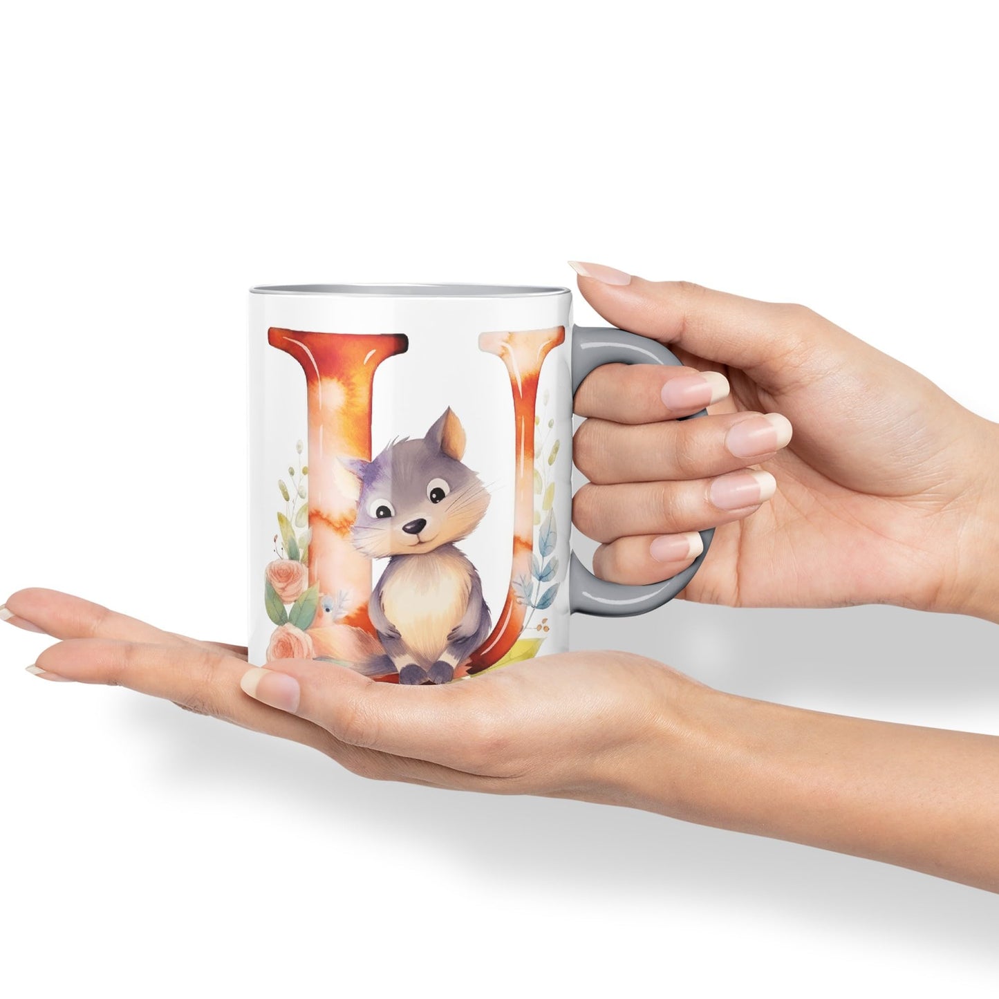 Letter U mug, Animals Alphabet Letter U Monogram animal for kids Ceramic Coloured Mug Cup for Tea Coffee Hot brew 330ml 11Oz Gift