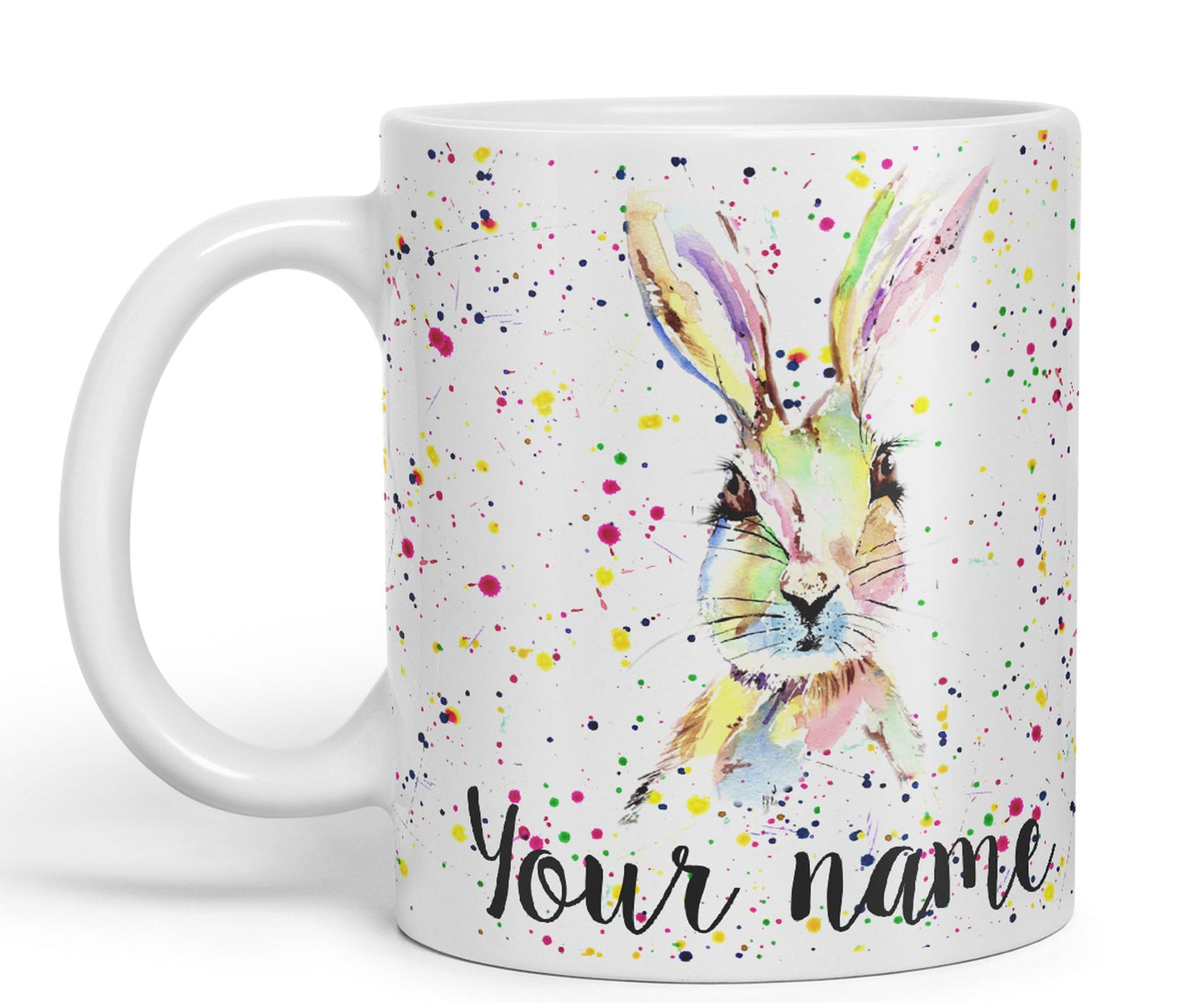 Vixar Personalised with Your Text Hare Bunny Rabbit Watercolour Art Coloured Ceramic Mug Cup Gift 330ml 11oz Custom Work Office Tea Coffee