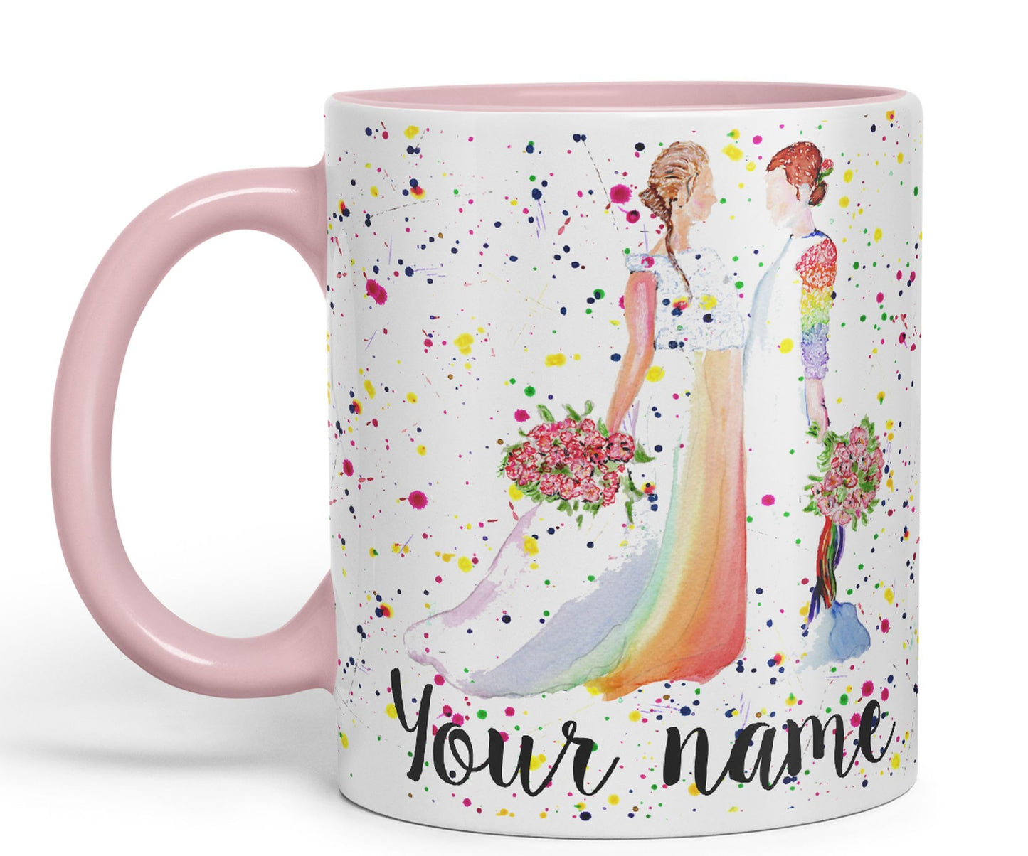 Vixar Personalised with Your Text Wedding Mrs and Mrs Pride Lesbian Art Coloured Ceramic Mug Cup Gift 330ml 11oz Custom Work Office Tea Coffee