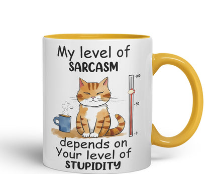 My Level of Sarcasm Depends on Your Level of Stupidity Cat Joke Ceramic Coloured Mug Cup for Tea Coffee Hot Brew 330ml 11Oz