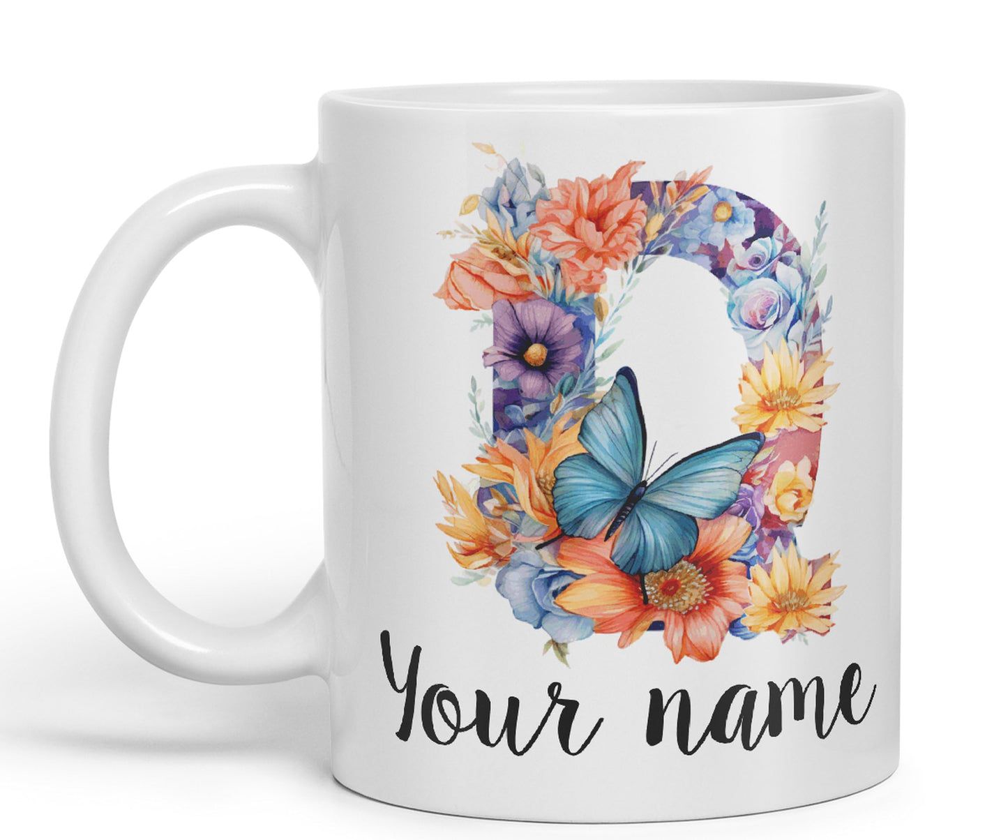 Personalised Letter Q mug, Customized Custom Floral flowers butterfly Alphabet Letter Q Monogram watercolour Ceramic Coloured Mug Cup for Tea Coffee Hot brew 330ml 11Oz Gift