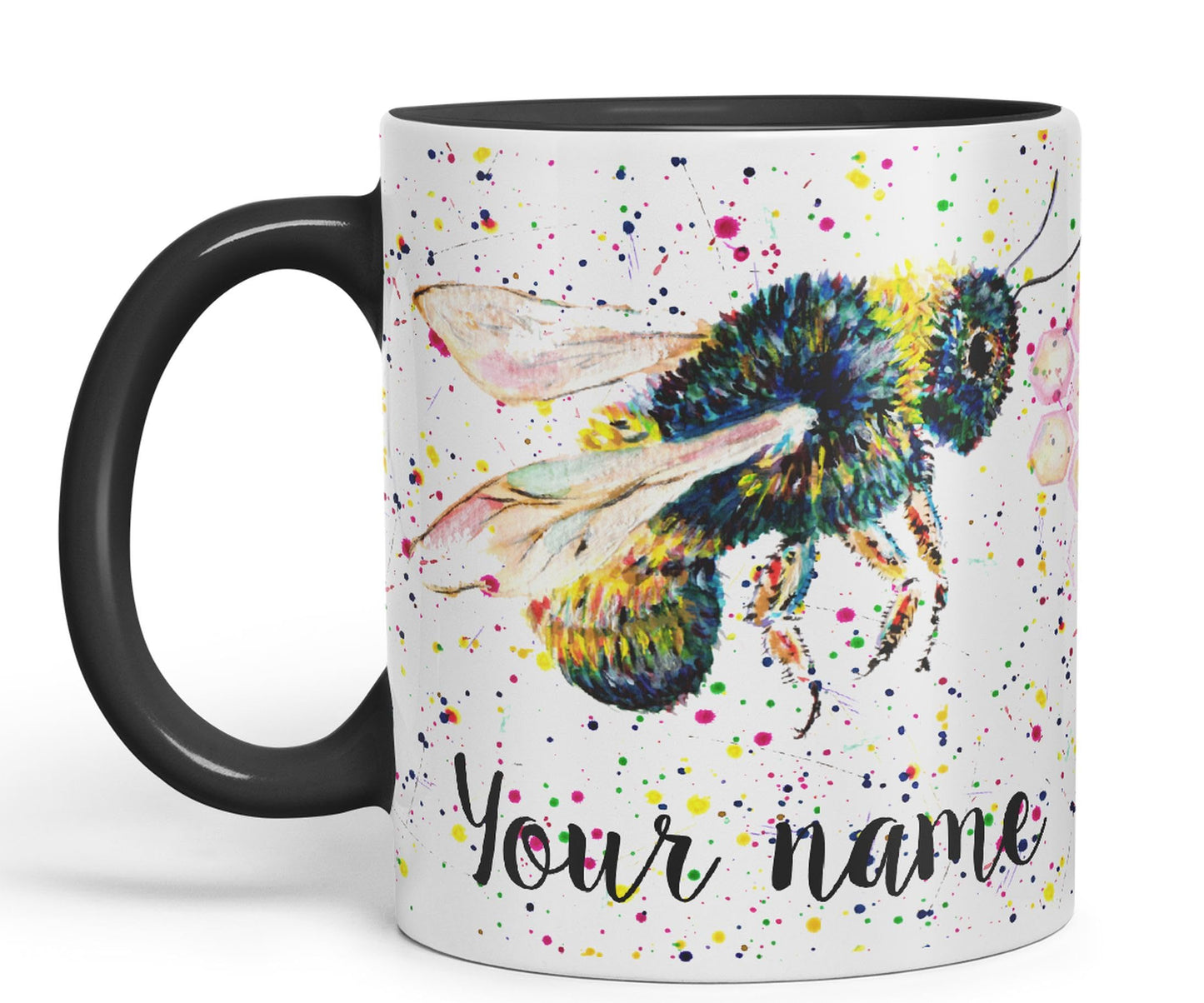 Personalised mug with Your Text name Bees bee Honeycomb animals Watercolour Art Coloured Ceramic Mug Cup Gift 330ml 11oz Custom Work Office Tea Coffee