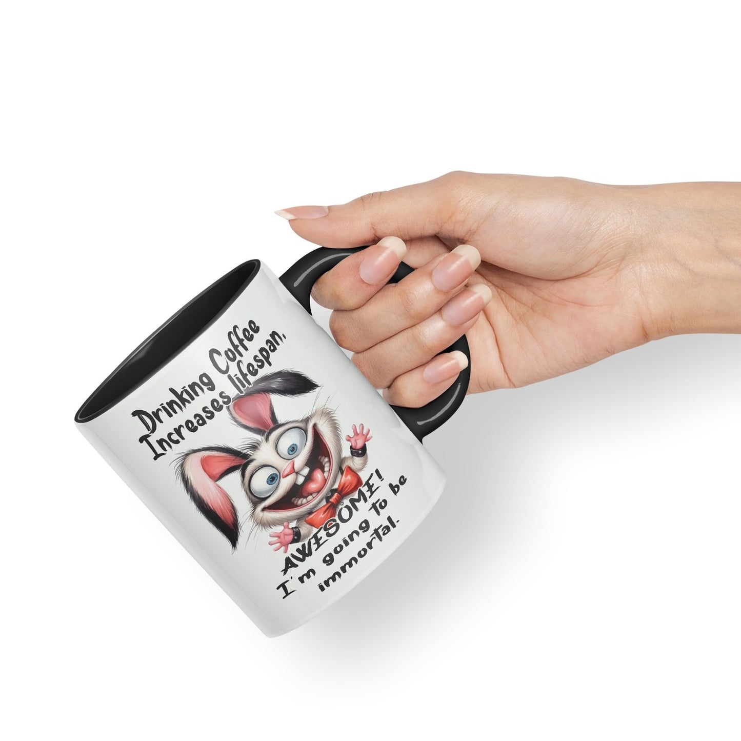 Drinking Coffee Increases lifespan Awesome! I'm Going to be Immortal, Rabbit Hare Joke sarkasm Sarcastic Ceramic Coloured Mug Cup for Tea Coffee Hot Brew 330ml 11Oz Gift