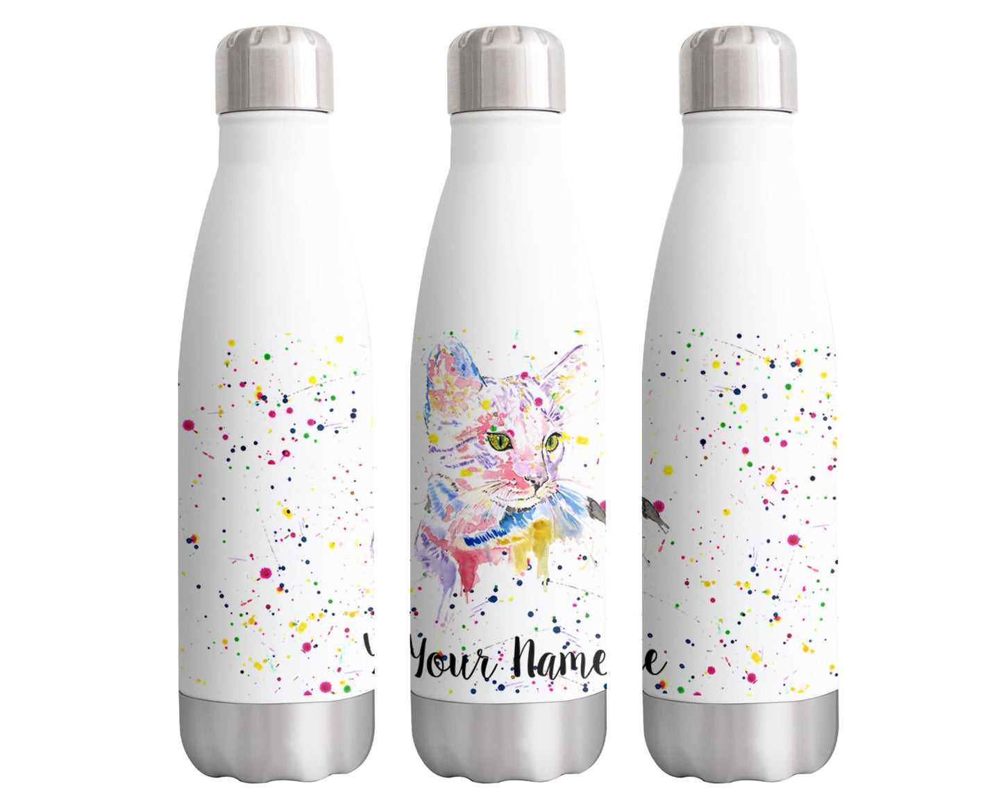 Cat Pink Personalised Custom Bottle with Your Text/Name Kitten pet Watercolour Animals Bottle Double Wall Insulated Stainless Steel Sport Drinks 500ml