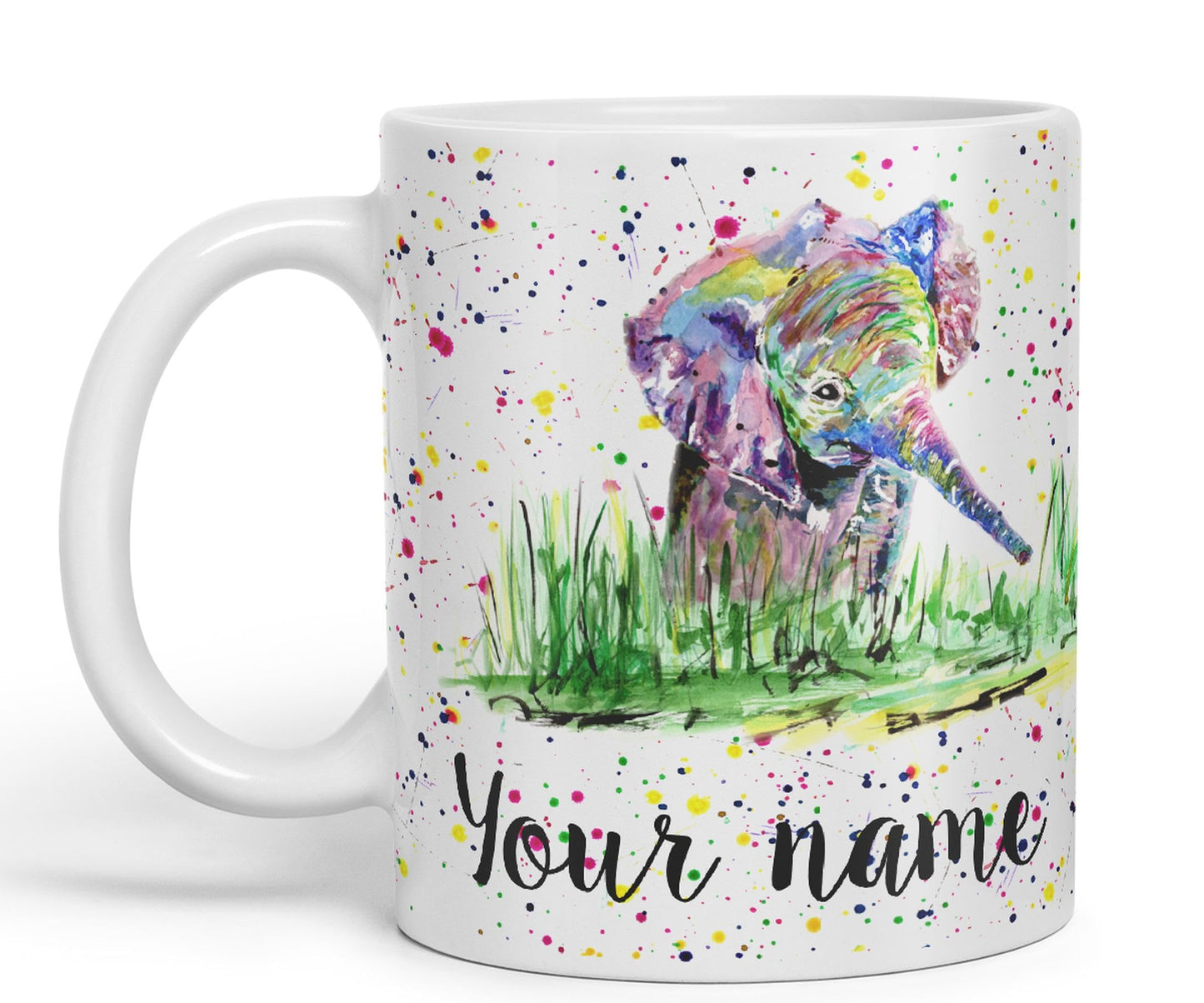 Personalised mug with Your Text name Elephant Baby animals Watercolour Art Coloured Ceramic Mug Cup Gift 330ml 11oz Custom Work Office Tea Coffee