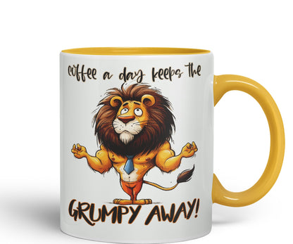 Coffee a Day Keeps The Grumy Away! Lion Joke sarkasm Sarcastic Ceramic Coloured Mug Cup for Tea Coffee Hot Brew 330ml 11Oz Gift