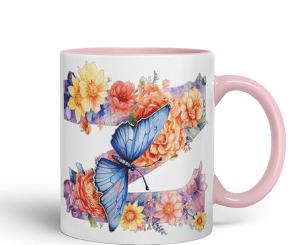 Letter Z mug, Floral flowers butterfly Alphabet Letter Z Monogram watercolour Ceramic Coloured Mug Cup for Tea Coffee Hot brew 330ml 11Oz Gift