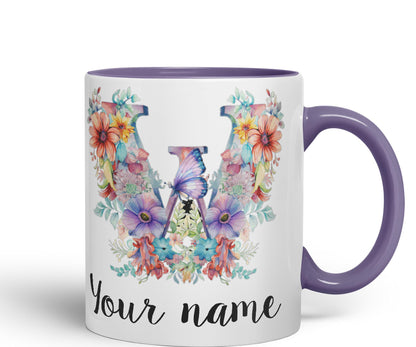 Personalised Letter W mug, Customized Custom Floral flowers butterfly Alphabet Letter W Monogram watercolour Ceramic Coloured Mug Cup for Tea Coffee Hot brew 330ml 11Oz Gift