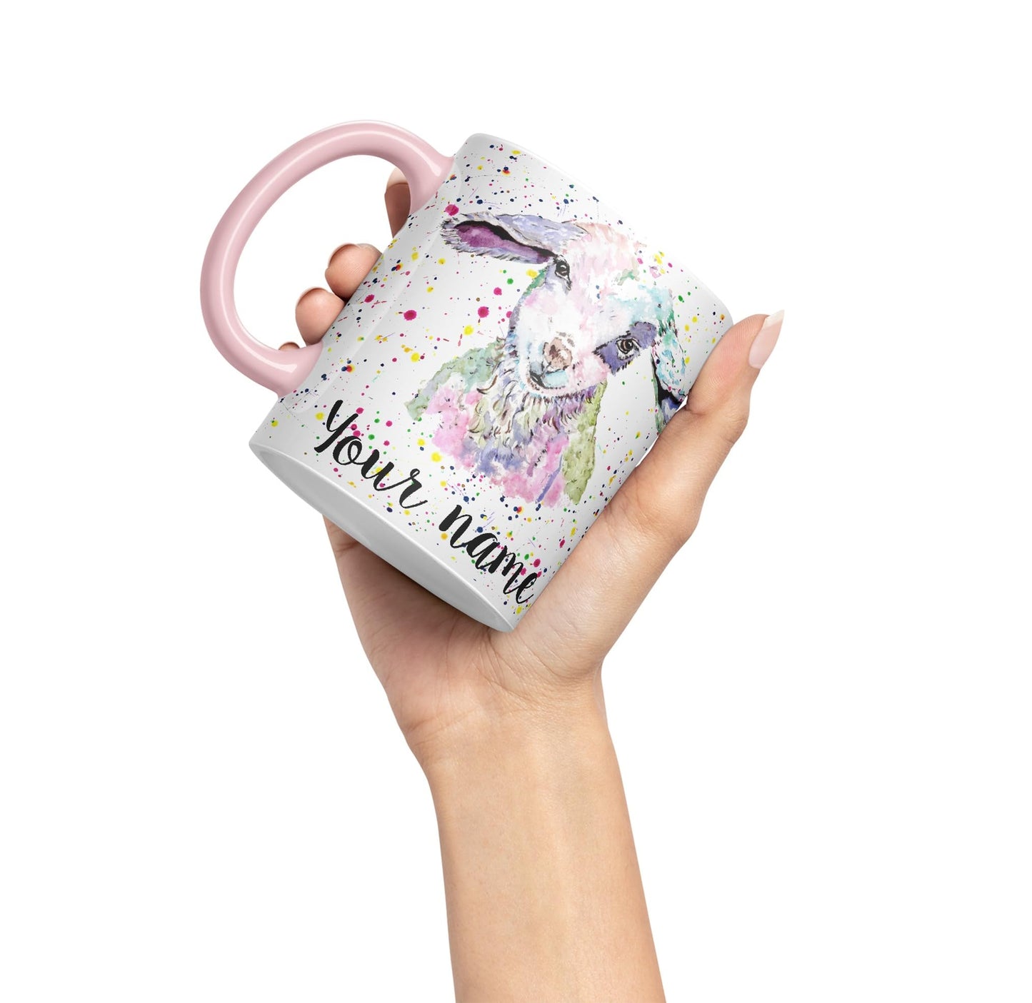 Vixar Personalised with Your Text Lamb Sheep Hogget Farm Animals Watercolour Art Coloured Ceramic Mug Cup Gift 330ml 11oz Custom Work Office Tea Coffee