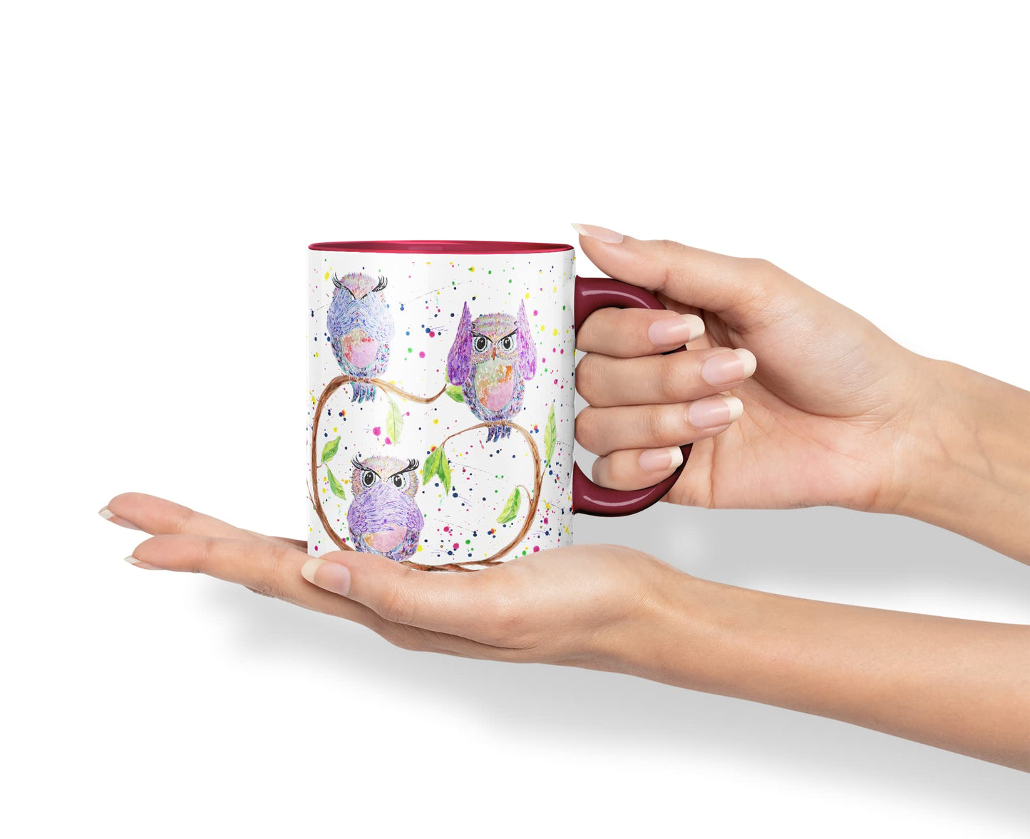 Vixar Owl Owls See Hear Speak no Evil Bird Animals Watercolour Art Coloured Mug Cup Gift Birthday Work Office Tea Coffee