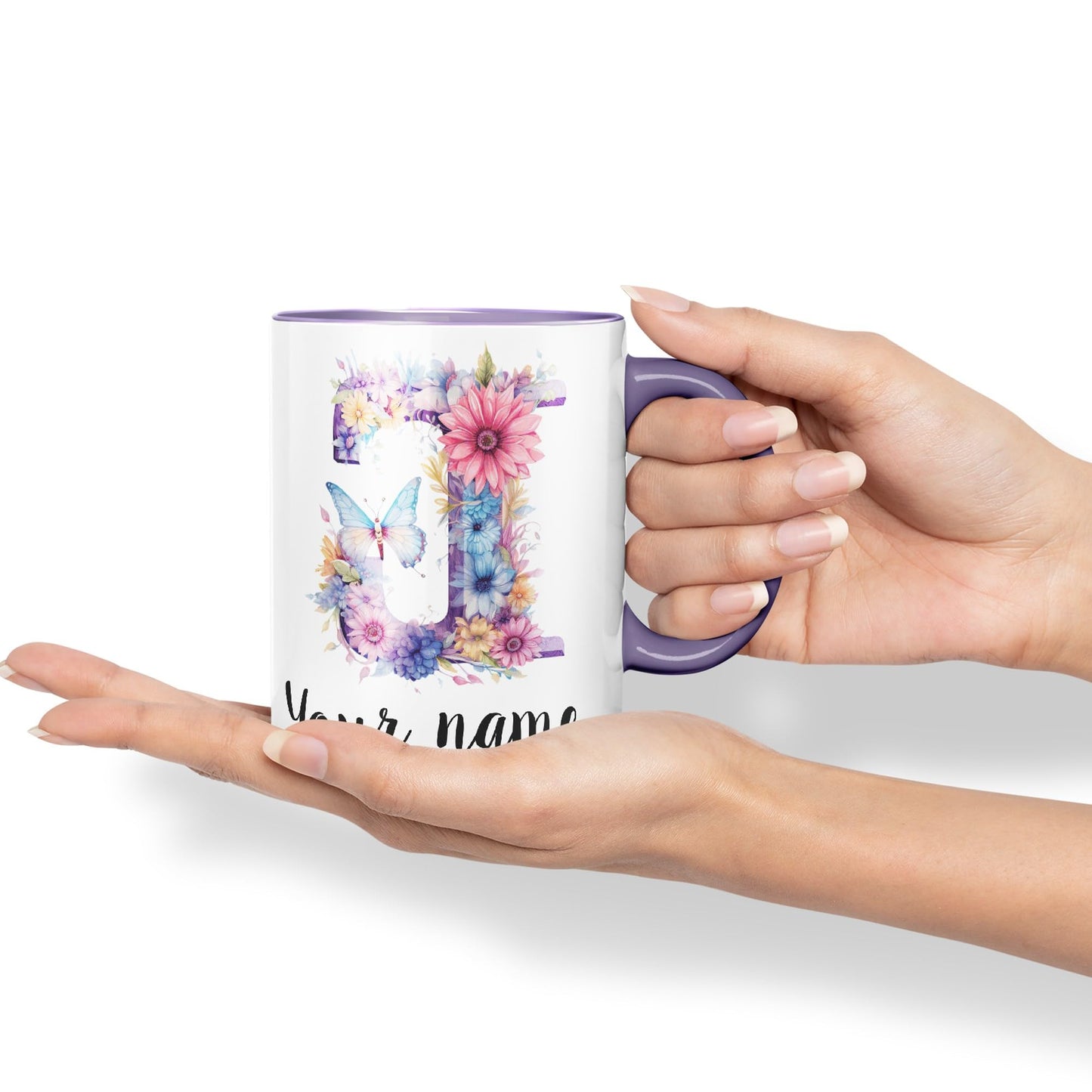 Personalised Letter J mug, Customized Custom Floral flowers butterfly Alphabet Letter J Monogram watercolour Ceramic Coloured Mug Cup for Tea Coffee Hot brew 330ml 11Oz Gift