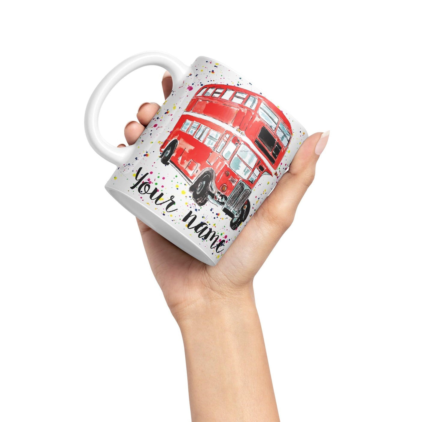 Vixar Personalised with Your Text Red Bus Classic London Busses Watercolour Art Coloured Ceramic Mug Cup Gift 330ml 11oz Custom Work Office Tea Coffe