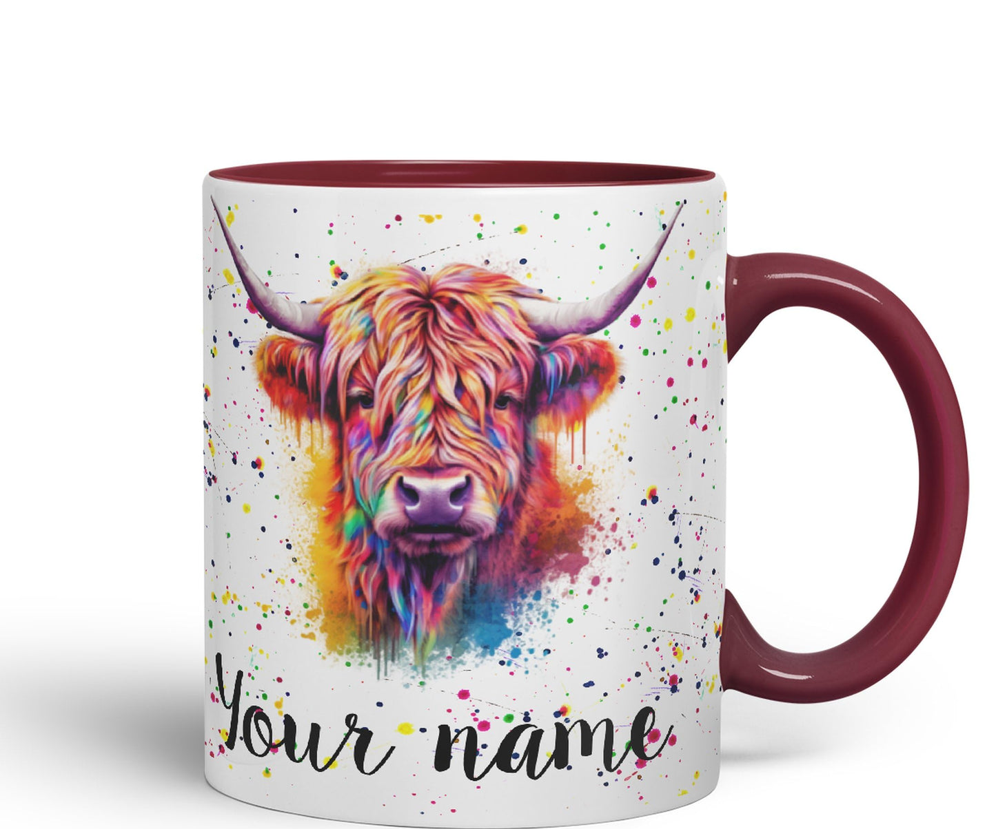 Personalised mug with Your Text name Highland Scottish Cow farm animals Watercolour Art Coloured Ceramic Mug Cup Gift 330ml 11oz Custom Work Office Tea Coffee HC4