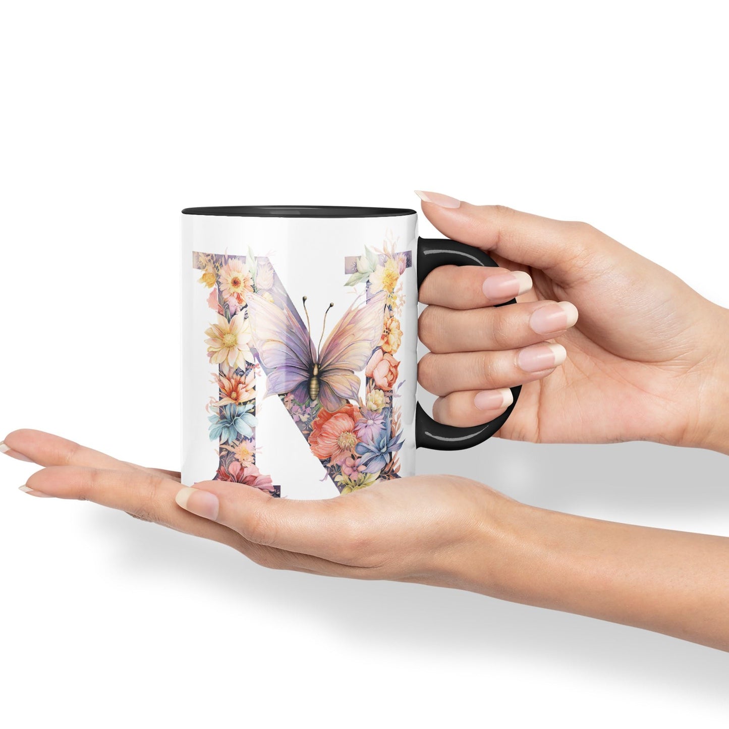 Letter N mug, Floral flowers butterfly Alphabet Letter N Monogram watercolour Ceramic Coloured Mug Cup for Tea Coffee Hot brew 330ml 11Oz Gift
