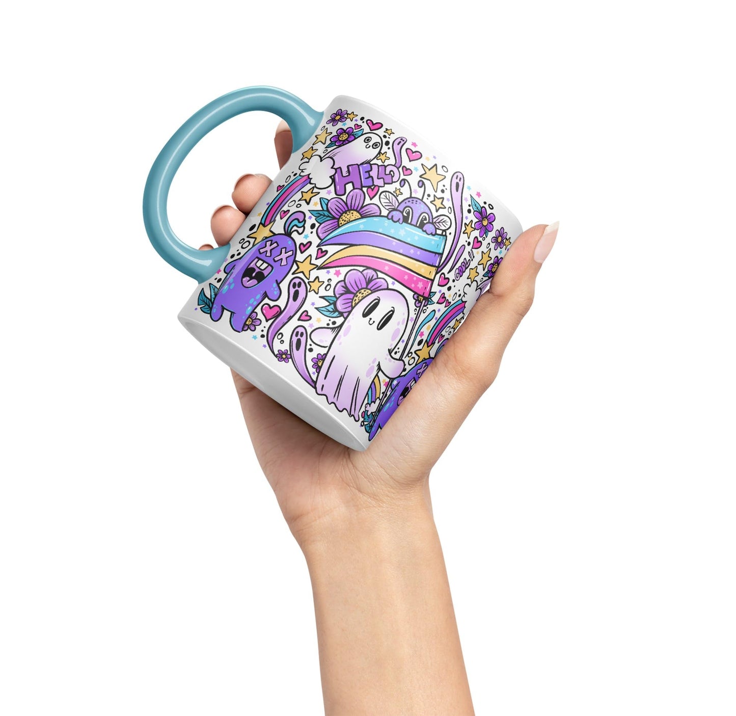 Vixar Hello Cool Kawaii Ghosts Coloured Ceramic Mug Cup Gift 330ml 11oz Work Office Tea Coffee