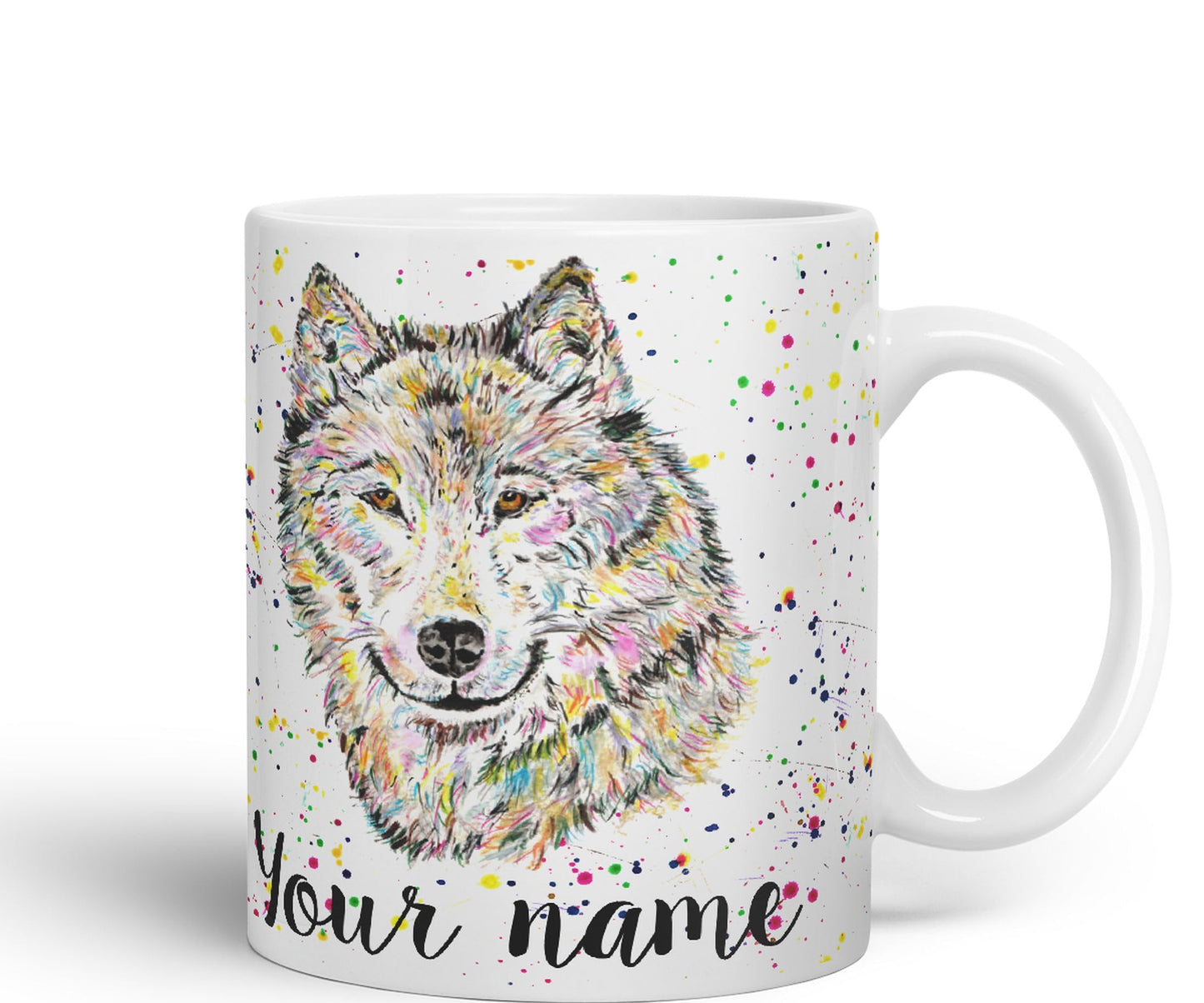 Vixar Personalised with Your Text Wolf Wolves Wildlife Animals Watercolour Art Coloured Ceramic Mug Cup Gift 330ml 11oz Custom Work Office Tea Coffee (O2)