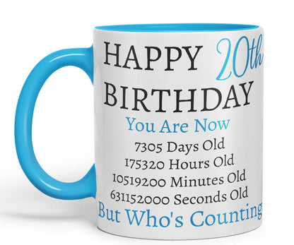 Vixar But Who's Counting Happy 20th Birthday Ceramic Coloured Mug Cup Gift Days Hours Minutes (Blue)