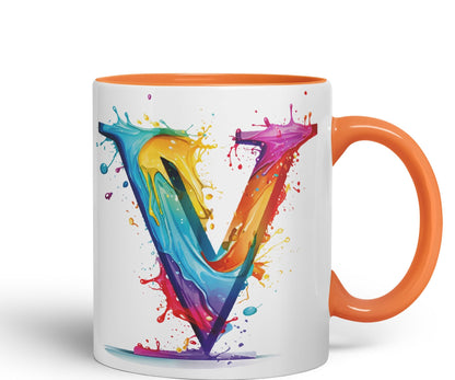 Letter V mug, Alphabet Letter V Monogram watercolour Ceramic Coloured Mug Cup for Tea Coffee Hot brew 330ml 11Oz Gift