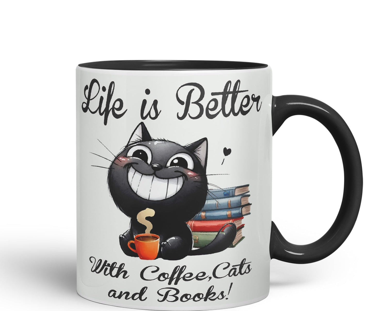 Life is Better with Coffee, Cats and Books, Cat Kitten Joke sarkasm Sarcastic Ceramic Coloured Mug Cup for Tea Coffee Hot Brew 330ml 11Oz Gift