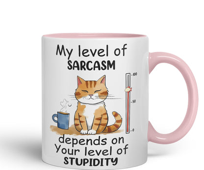 My Level of Sarcasm Depends on Your Level of Stupidity Cat Joke Ceramic Coloured Mug Cup for Tea Coffee Hot Brew 330ml 11Oz