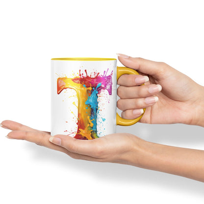 Letter T mug, Alphabet Letter T Monogram watercolour Ceramic Coloured Mug Cup for Tea Coffee Hot brew 330ml 11Oz Gift