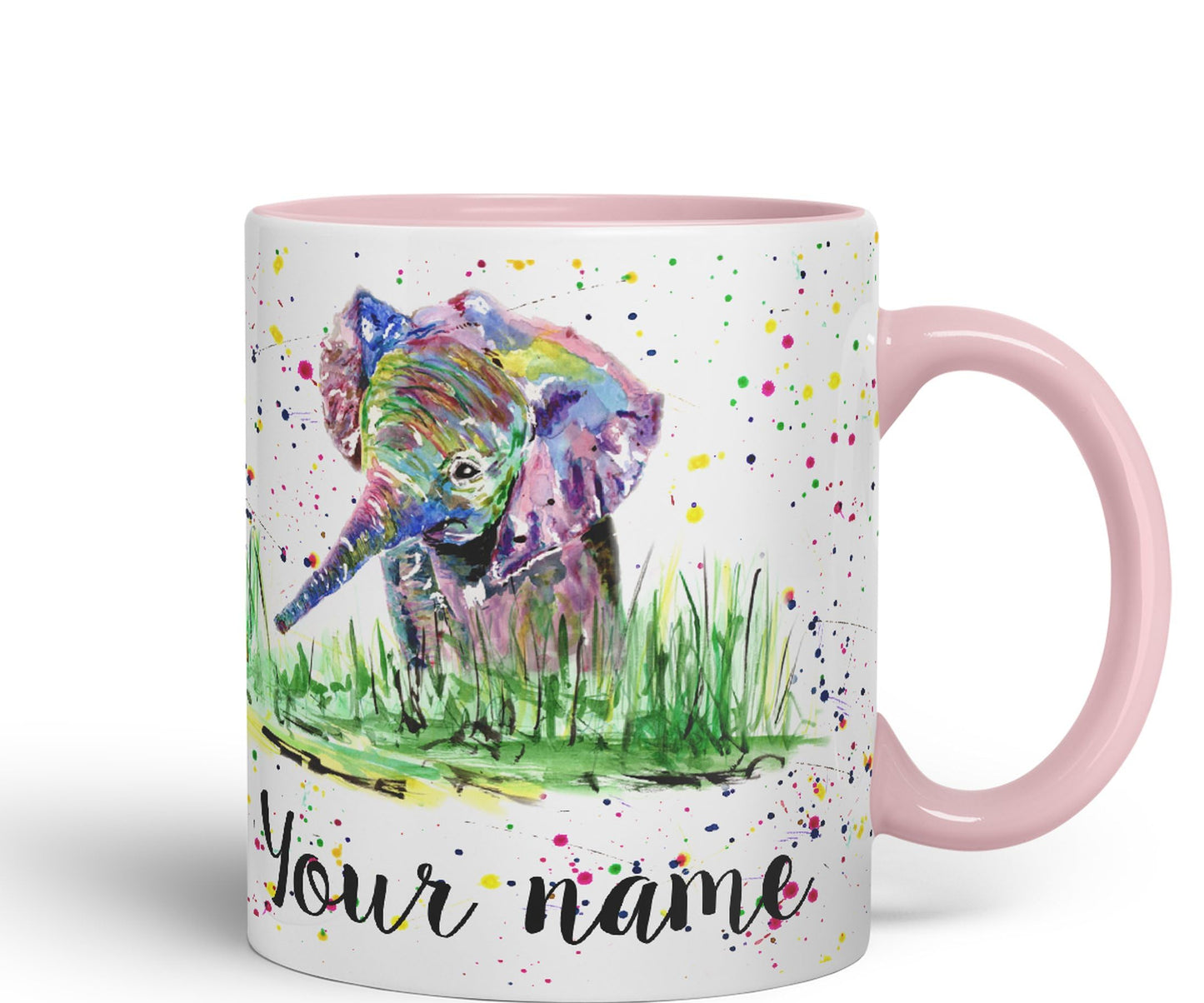 Personalised mug with Your Text name Elephant Baby animals Watercolour Art Coloured Ceramic Mug Cup Gift 330ml 11oz Custom Work Office Tea Coffee