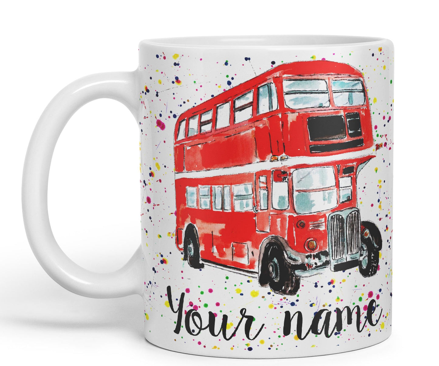 Vixar Personalised with Your Text Red Bus Classic London Busses Watercolour Art Coloured Ceramic Mug Cup Gift 330ml 11oz Custom Work Office Tea Coffe