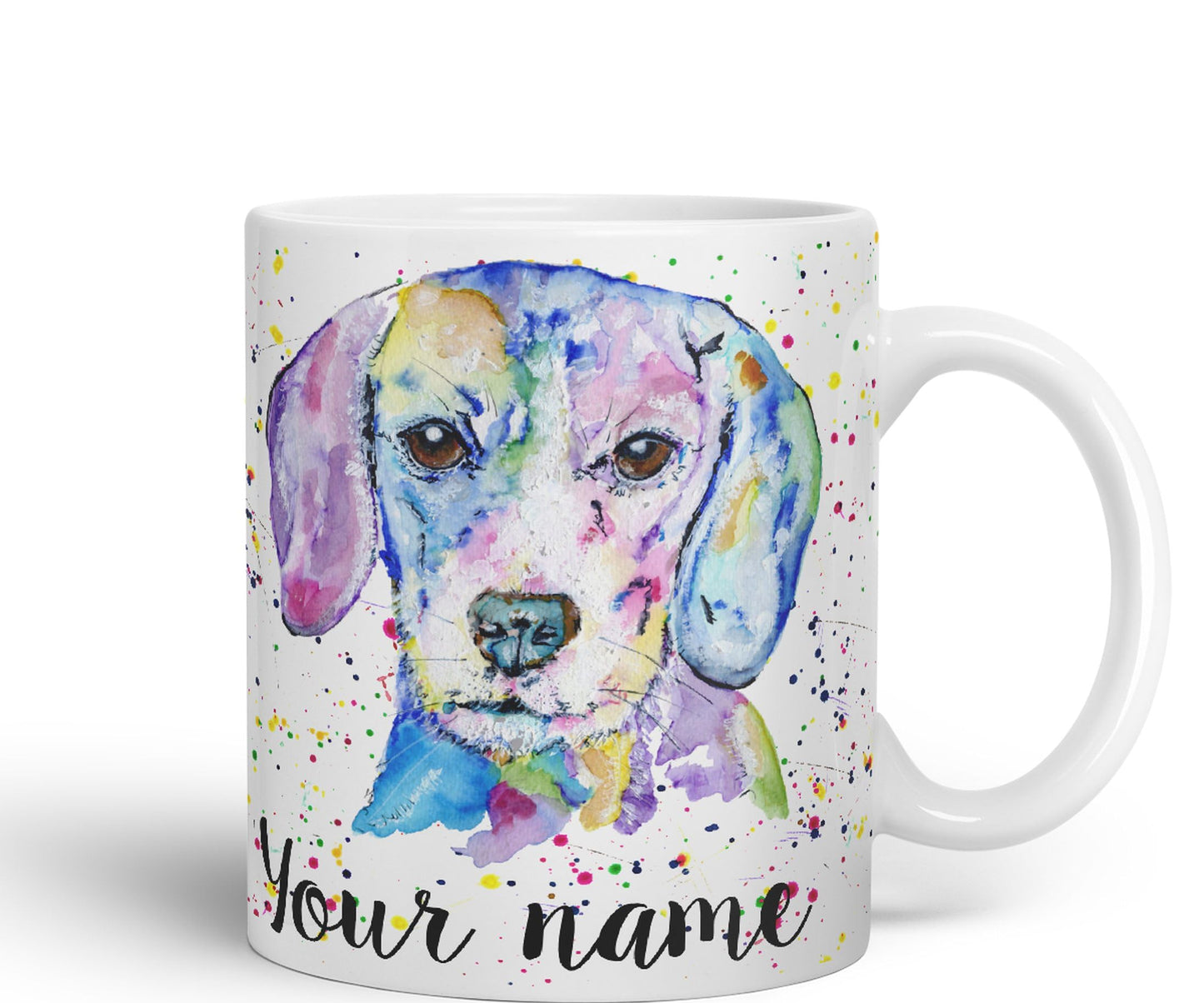 Vixar Personalised with Your Text Beagle Hound hounting Dog Pet Watercolour Art Coloured Ceramic Mug Cup Gift 330ml 11oz Custom Work Office Tea Coffee