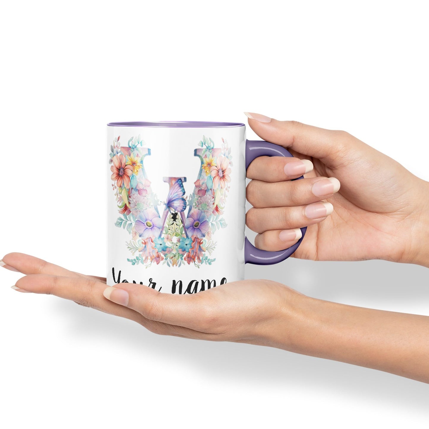 Personalised Letter W mug, Customized Custom Floral flowers butterfly Alphabet Letter W Monogram watercolour Ceramic Coloured Mug Cup for Tea Coffee Hot brew 330ml 11Oz Gift