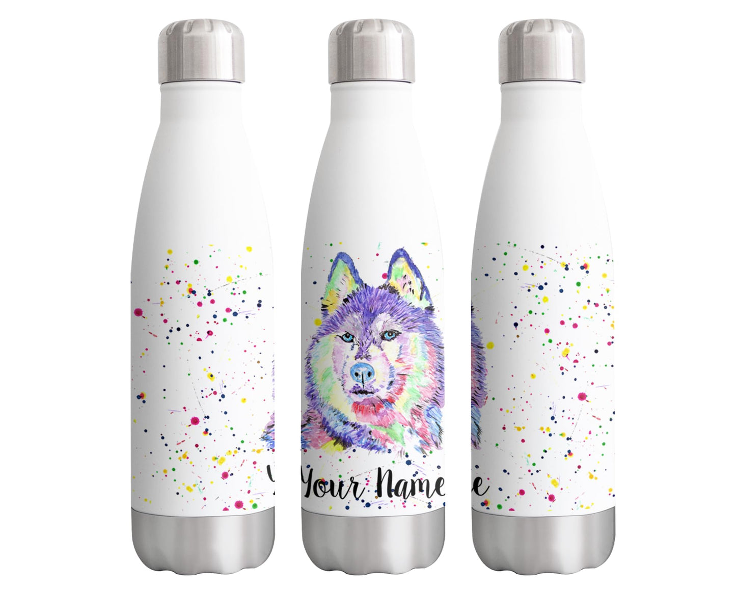 Husky Personalised Custom Bottle with Your Text/Name Snow Dog pet Animals Watercolour Animals Bottle Double Wall Insulated Stainless Steel Sport Drinks 500ml