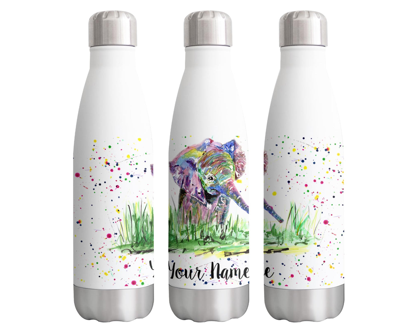 Vixar Elephant Baby Personalised Custom Bottle with your Text/name Watercolour Safari Animals Bottle Double Wall Insulated Stainless Steel Sport Drinks 500ml