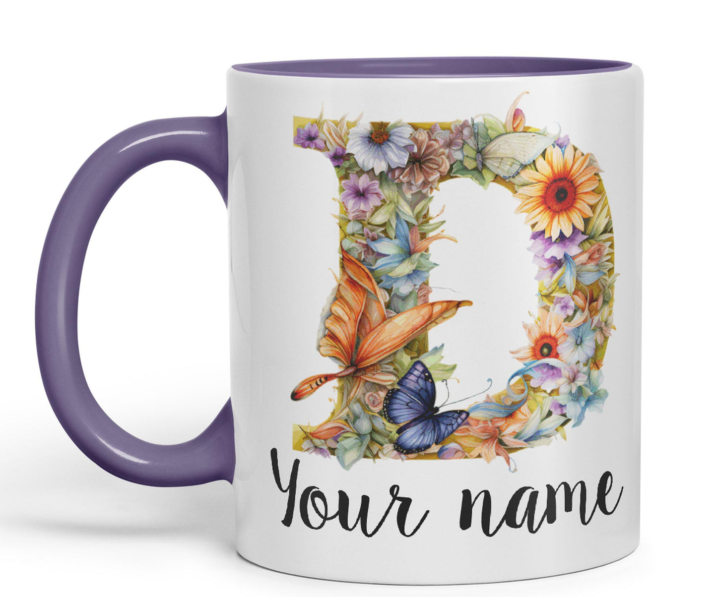 Personalised Letter D mug, Customized Custom Floral flowers butterfly Alphabet Letter D Monogram watercolour Ceramic Coloured Mug Cup for Tea Coffee Hot brew 330ml 11Oz Gift