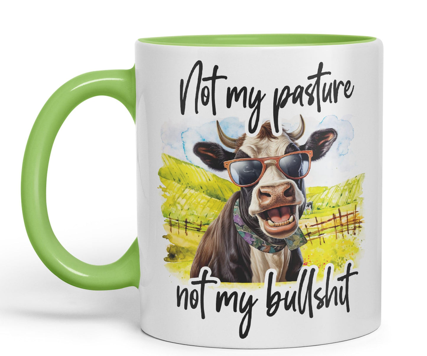 Not My Pasture, not My Bullshit Cow Joke sarkasm Sarcastic Ceramic Coloured Mug Cup for Tea Coffee Hot Brew 330ml 11Oz Gift