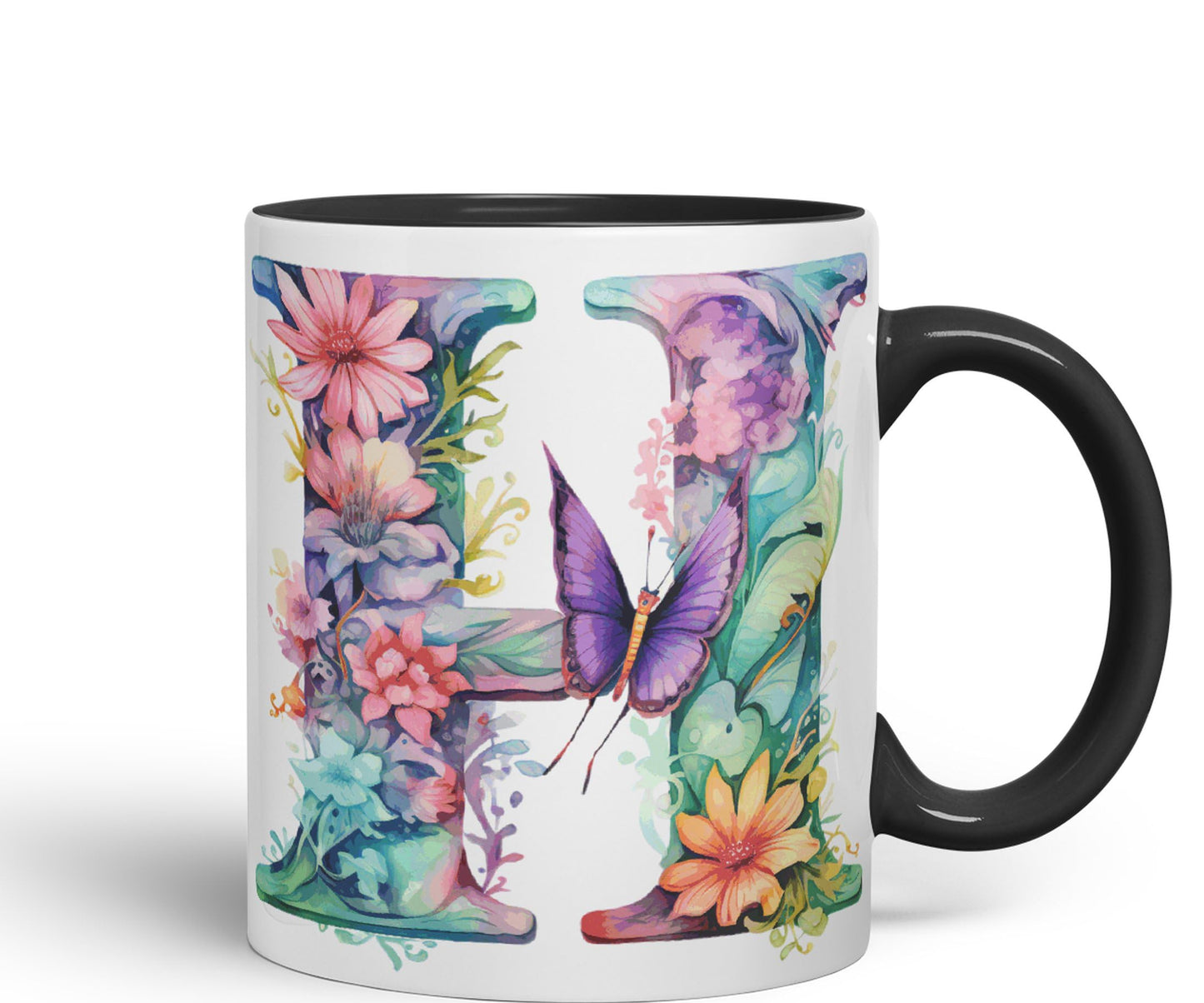 Letter H mug, Floral flowers butterfly Alphabet Letter H Monogram watercolour Ceramic Coloured Mug Cup for Tea Coffee Hot brew 330ml 11Oz Gift