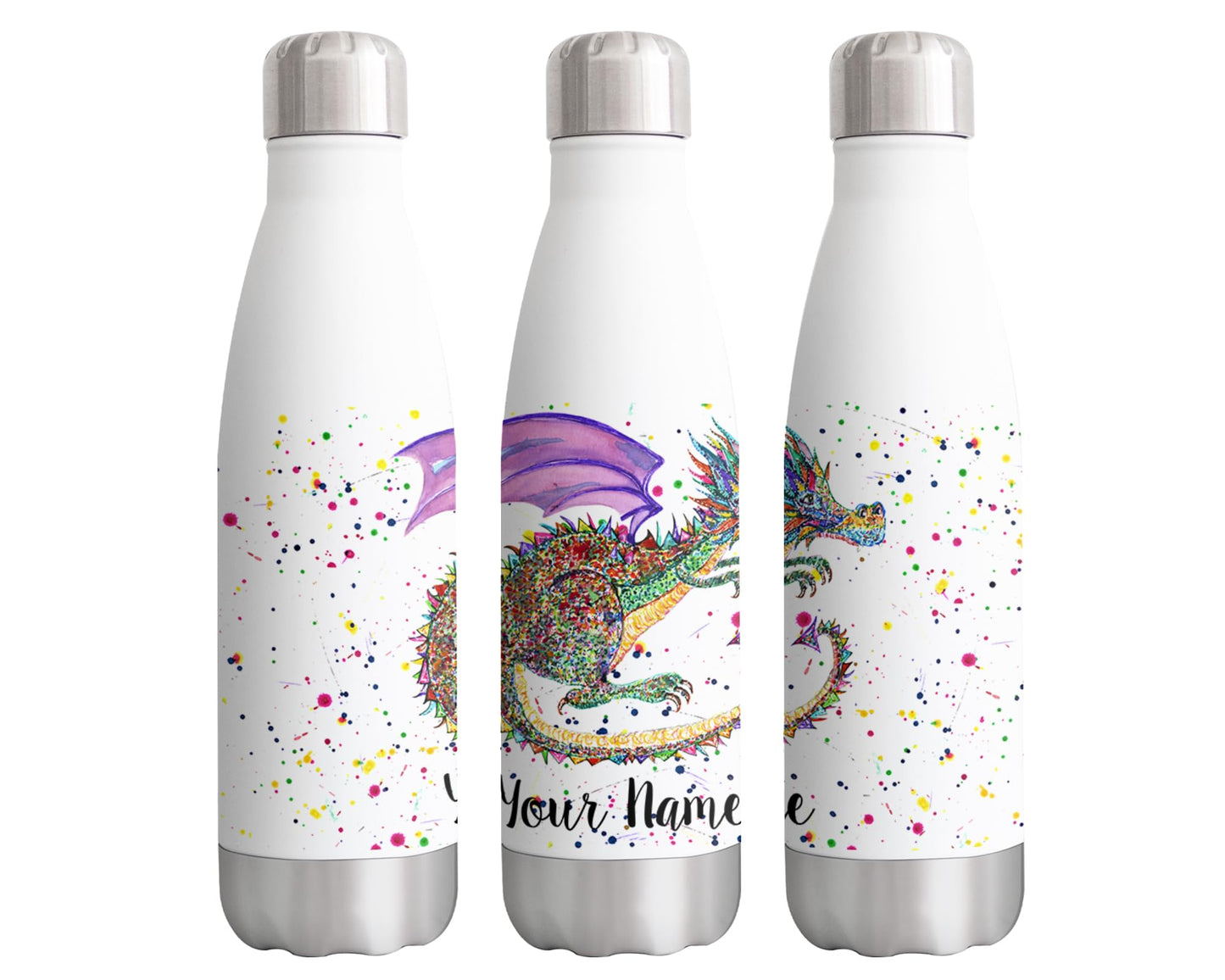 Dragon Personalised Custom Bottle with your Text/name Mythical lizard reptile Watercolour Bottle Double Wall Insulated Stainless Steel Sport Drinks 500ml