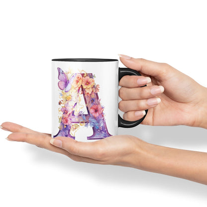 Letter A mug, Floral flowers butterfly Alphabet Letter A Monogram watercolour Ceramic Coloured Mug Cup for Tea Coffee Hot brew 330ml 11Oz Gift
