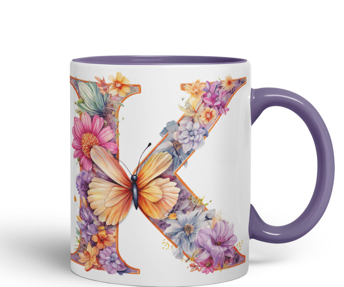 Letter K mug, Floral flowers butterfly Alphabet Letter K Monogram watercolour Ceramic Coloured Mug Cup for Tea Coffee Hot brew 330ml 11Oz Gift