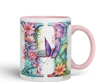 Letter H mug, Floral flowers butterfly Alphabet Letter H Monogram watercolour Ceramic Coloured Mug Cup for Tea Coffee Hot brew 330ml 11Oz Gift