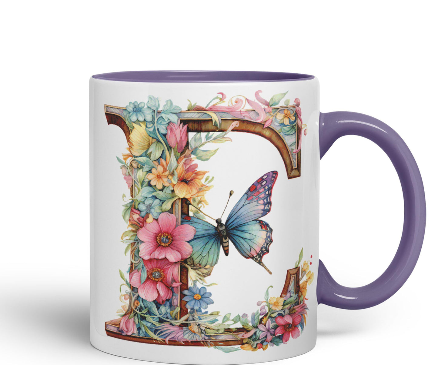 Letter E mug, Floral flowers butterfly Alphabet Letter E Monogram watercolour Ceramic Coloured Mug Cup for Tea Coffee Hot brew 330ml 11Oz Gift