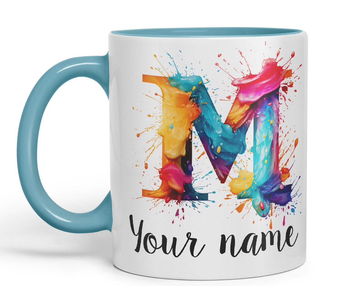 Personalised Letter M mug, Alphabet cusomized custom Letter M Monogram watercolour Ceramic Coloured Mug Cup for Tea Coffee Hot brew 330ml 11Oz Gift