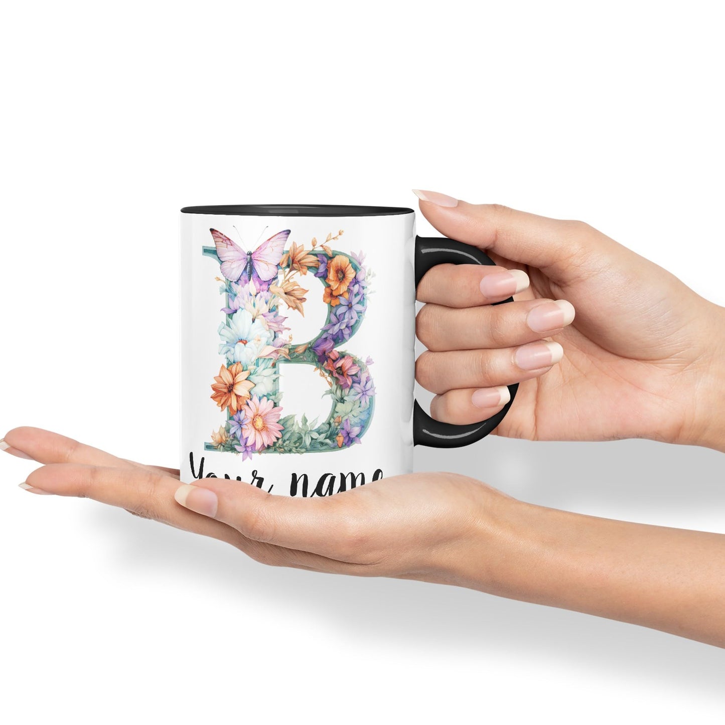 Personalised Letter B mug, Customized Custom Floral flowers butterfly Alphabet Letter B Monogram watercolour Ceramic Coloured Mug Cup for Tea Coffee Hot brew 330ml 11Oz Gift