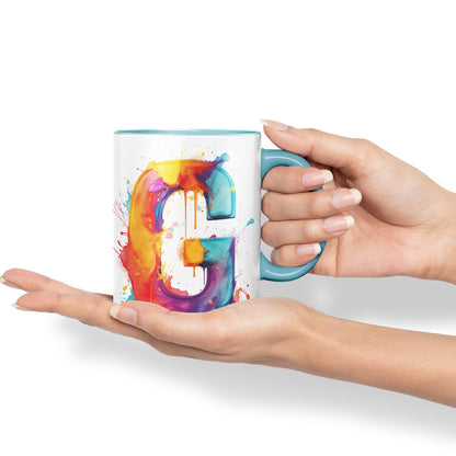 Letter G mug, Alphabet Letter G Monogram watercolour Ceramic Coloured Mug Cup for Tea Coffee Hot brew 330ml 11Oz Gift