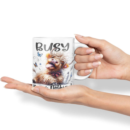 Busy Doing Nothing Scottish Highland Cow Joke sarkasm Sarcastic Ceramic Coloured Mug Cup for Tea Coffee Hot Brew 330ml 11Oz Gift