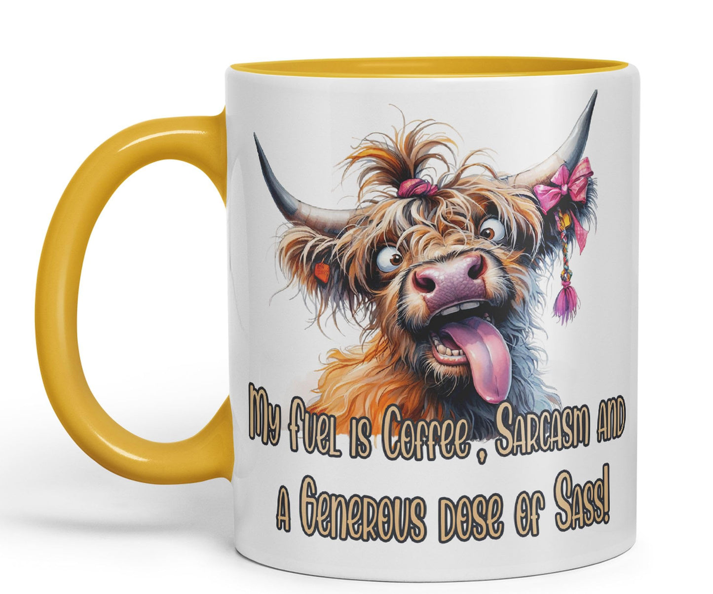 My Fuel is Coffee, Sarcasm and a Generous dose of Sass! Cow higland Joke sarkasm Sarcastic Ceramic Coloured Mug Cup for Tea Coffee Hot Brew 330ml 11Oz Gift