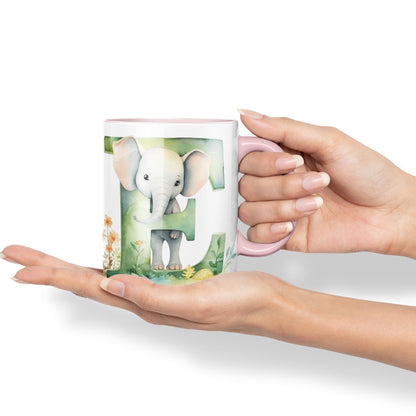 Letter E mug, Animals Alphabet Letter E Monogram animal for kids Ceramic Coloured Mug Cup for Tea Coffee Hot brew 330ml 11Oz Gift