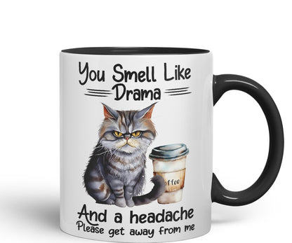 You Smell Like Drama and a Headache Cat Sarcastic Joke Ceramic Coloured Mug Cup for Tea Coffee Hot Brew 330ml 11Oz