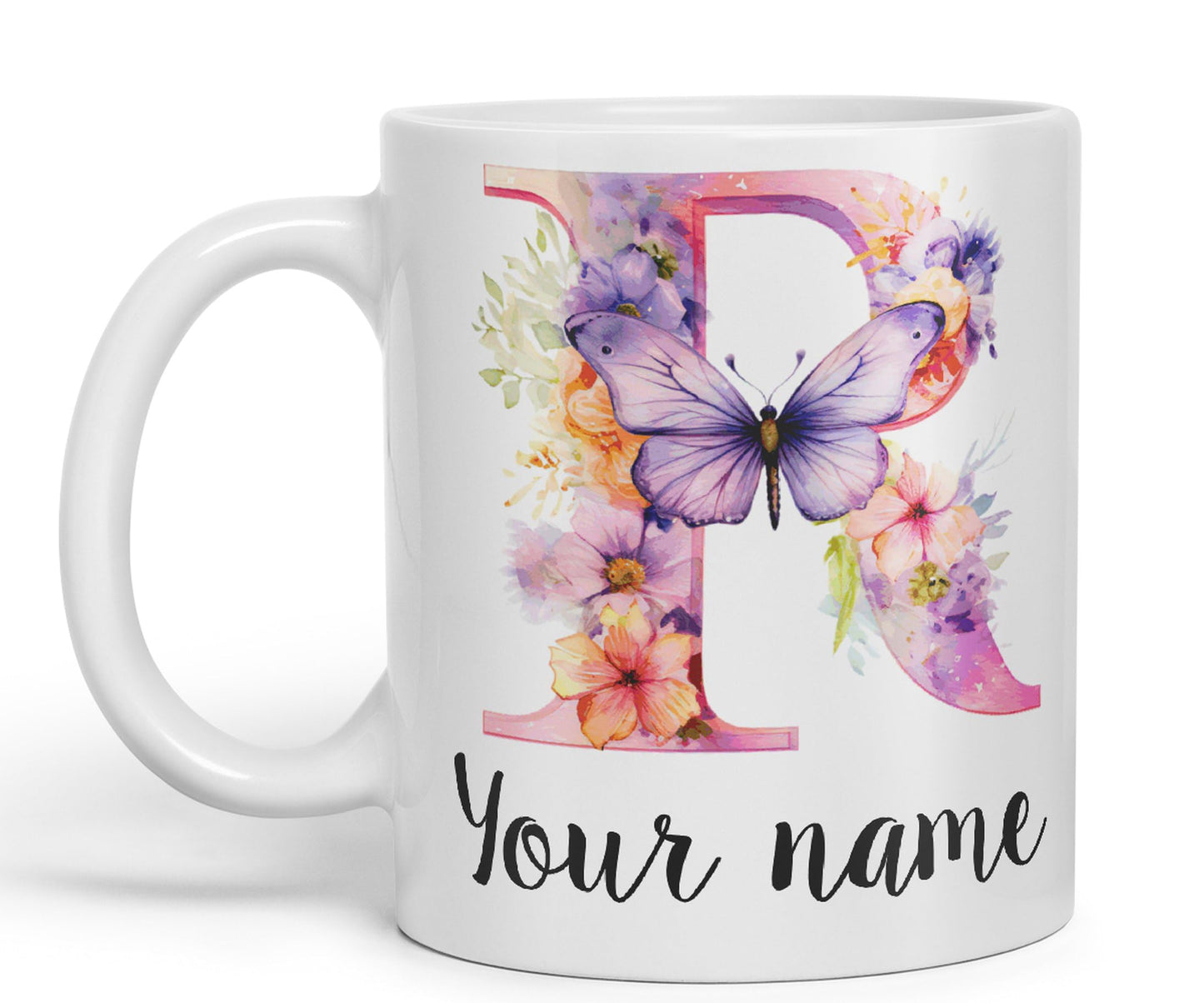 Personalised Letter R mug, Customized Custom Floral flowers butterfly Alphabet Letter R Monogram watercolour Ceramic Coloured Mug Cup for Tea Coffee Hot brew 330ml 11Oz Gift