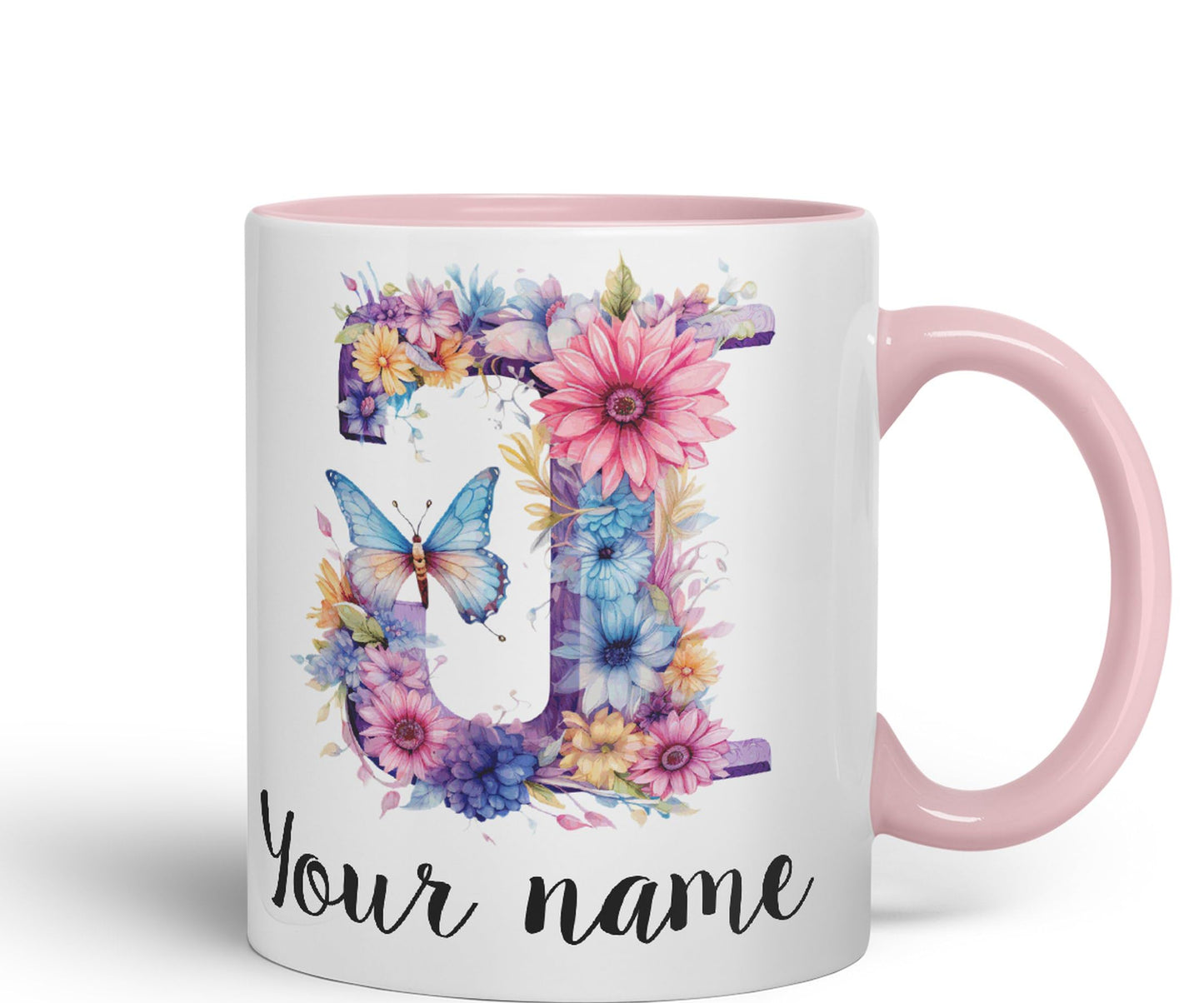 Personalised Letter J mug, Customized Custom Floral flowers butterfly Alphabet Letter J Monogram watercolour Ceramic Coloured Mug Cup for Tea Coffee Hot brew 330ml 11Oz Gift